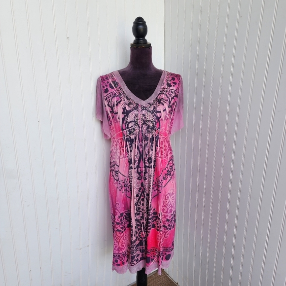 Cato Womens Dye Print Stretch Dress Studded Floral Paisley V-Neck Short Sleeve L - Picture 1 of 15
